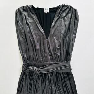 Halston Heritage Black Plunge Gown Metallic Wrap Belted Jersey Maxi Formal Prom